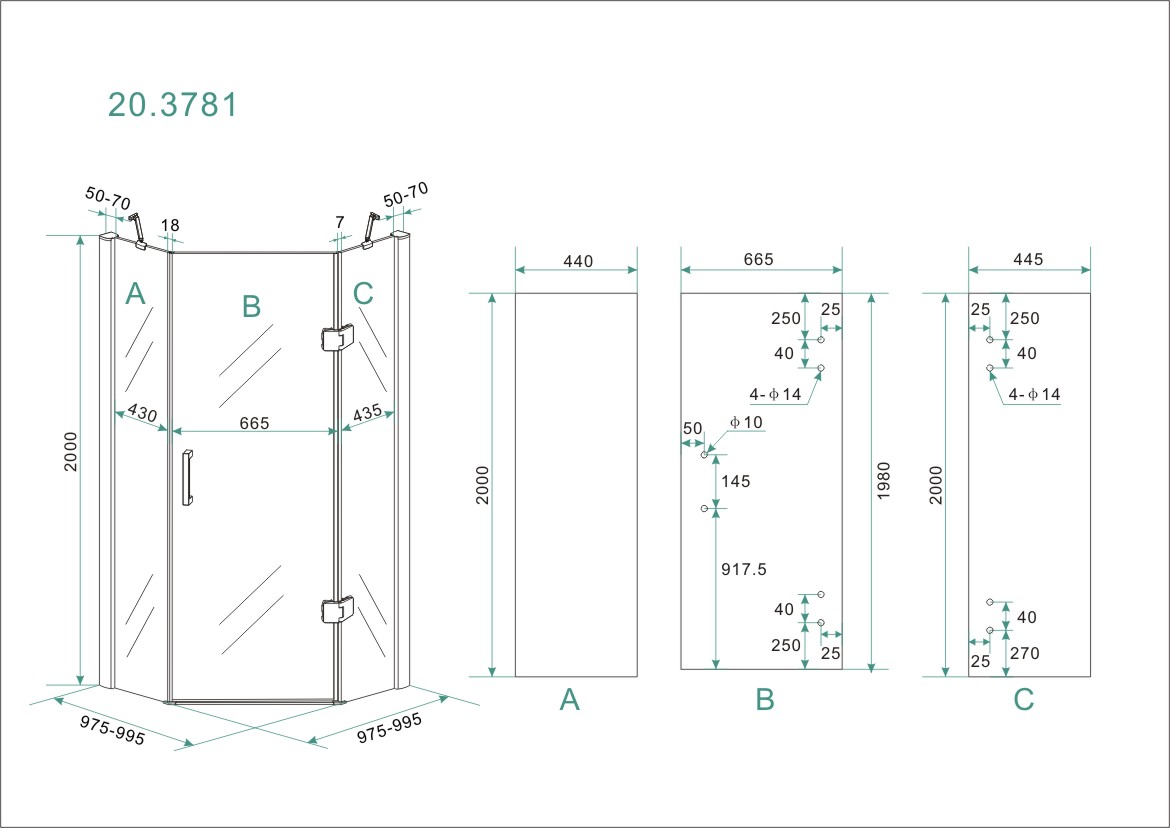 Wiesbaden 5-hoek douchecabine 8mm NANO 1000x1000x2000 Wiesbaden 5-hoek douchecabine 8mm NANO 1000x1000x2000