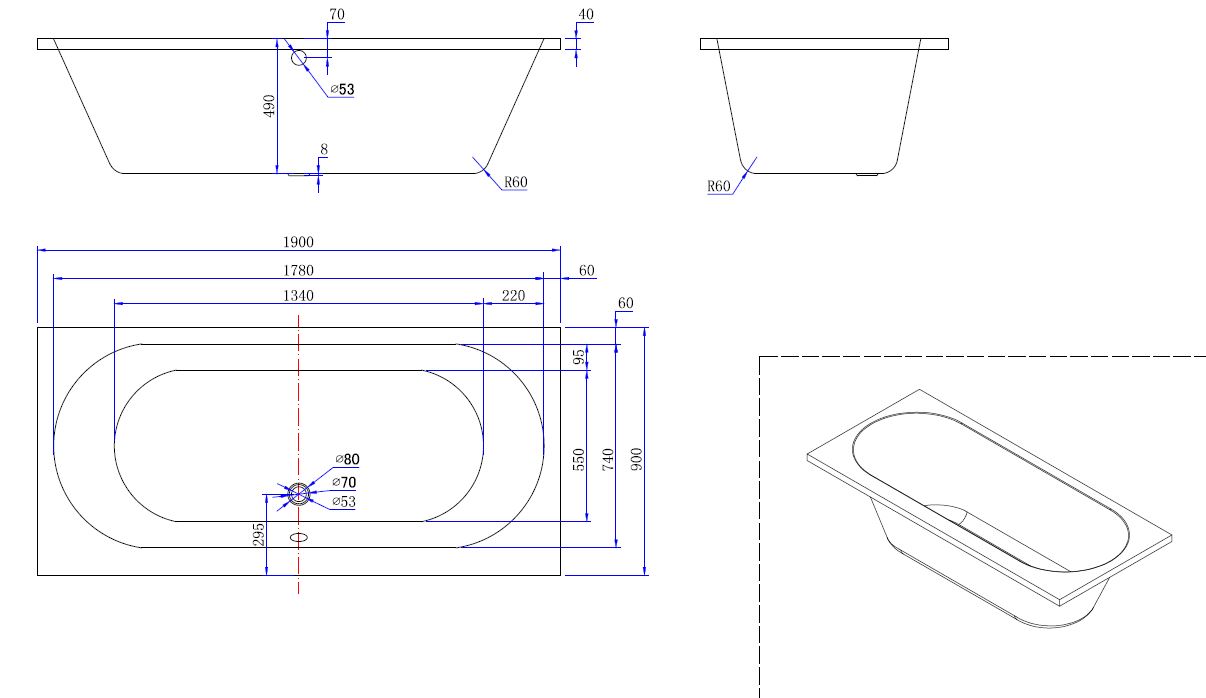 Wiesbaden Portus RD inbouw ligbad 190*90*49 cm wit DUO Wiesbaden Portus RD inbouw ligbad 190*90*49 cm wit DUO