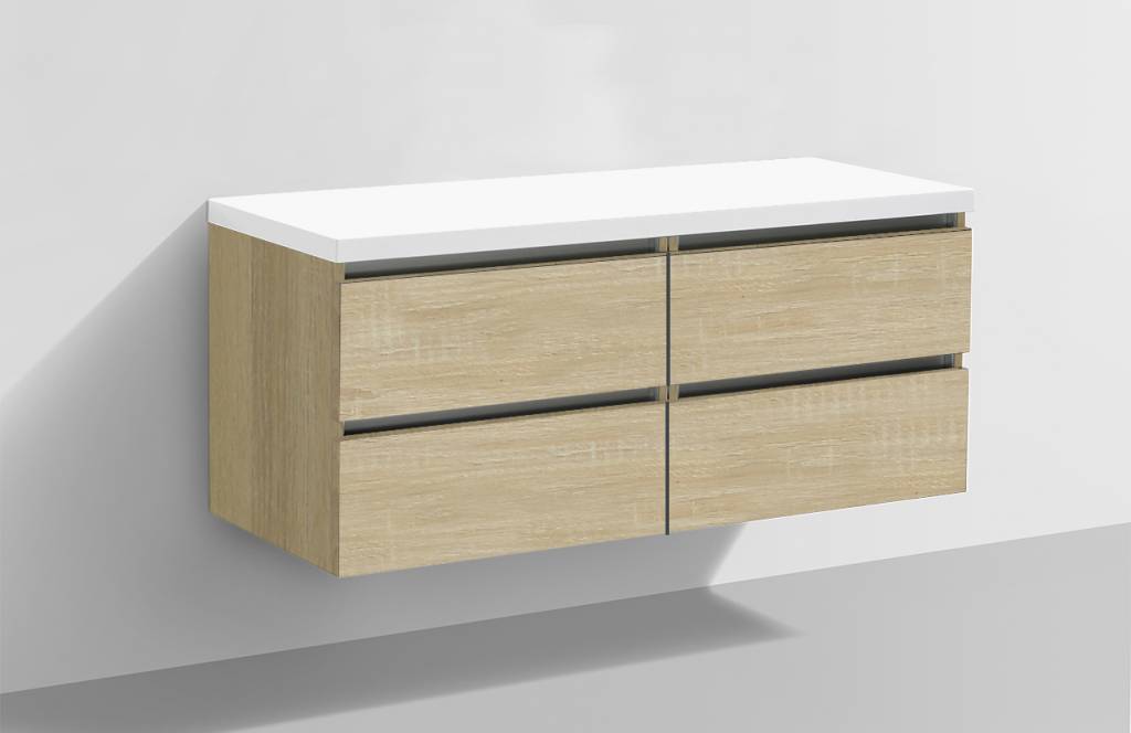 Badmeubel Trend met Flat kunstmarmer top 120 Light Wood met 4 lades Badmeubel Trend met Flat kunstmarmer top 120 Light Wood met 4 lades