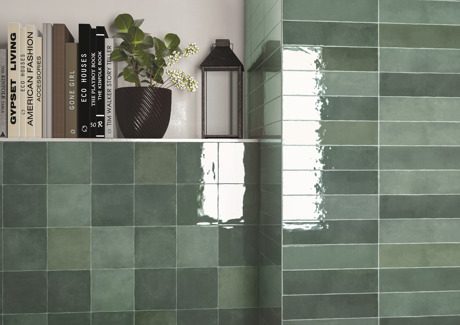 Moos Jade glans handvorm 13x13 Wandtegel Moos Jade glans handvorm 6,5 x 26