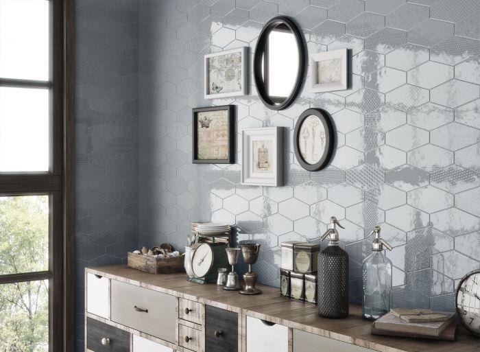 Wandtegel Maku Grey 25x75 Wandtegel Viena Ash Blue 10x20